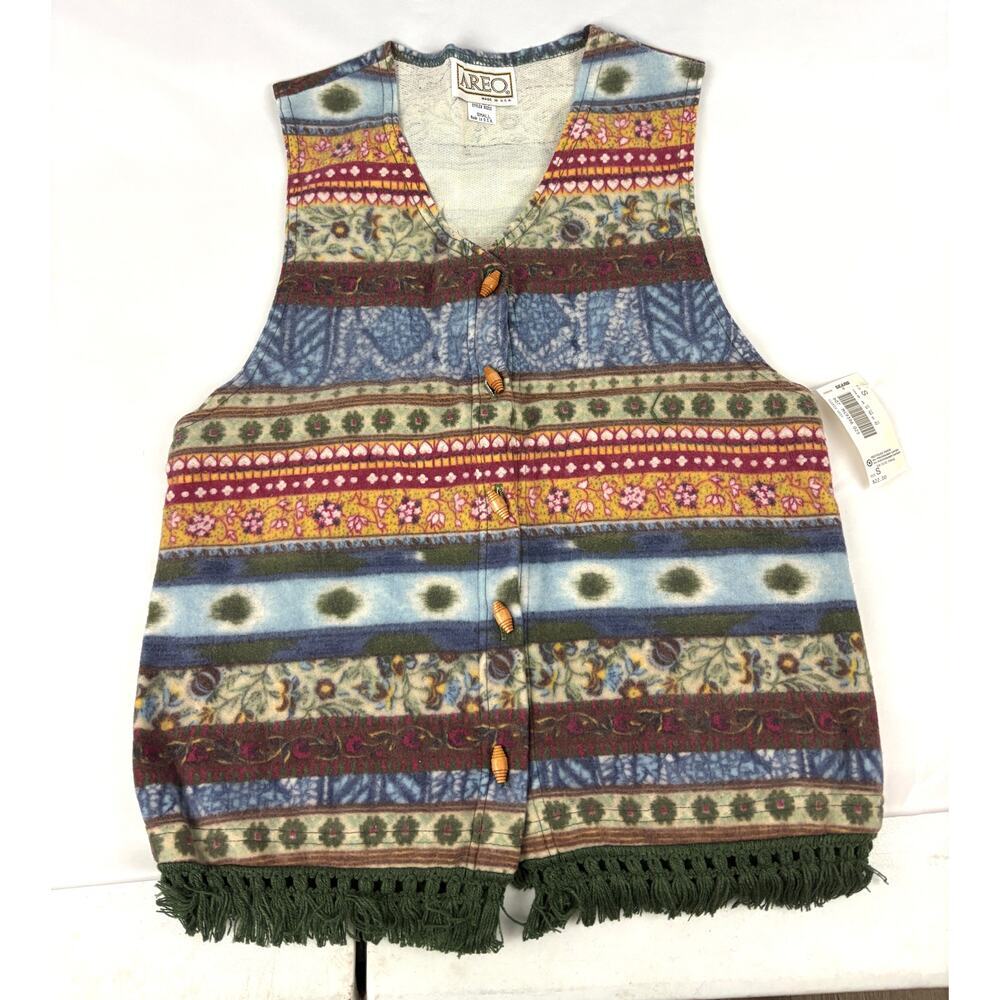 Vintage Southwestern Vest Womens USA Made Button Up Aero 1990s Small Fringe - Picture 1 of 10